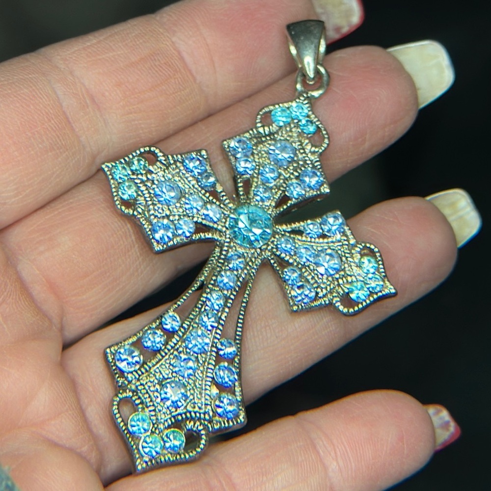 Vintage Elegant filigree Silver&turquoise sparkling Blue Cross 3”Pendant